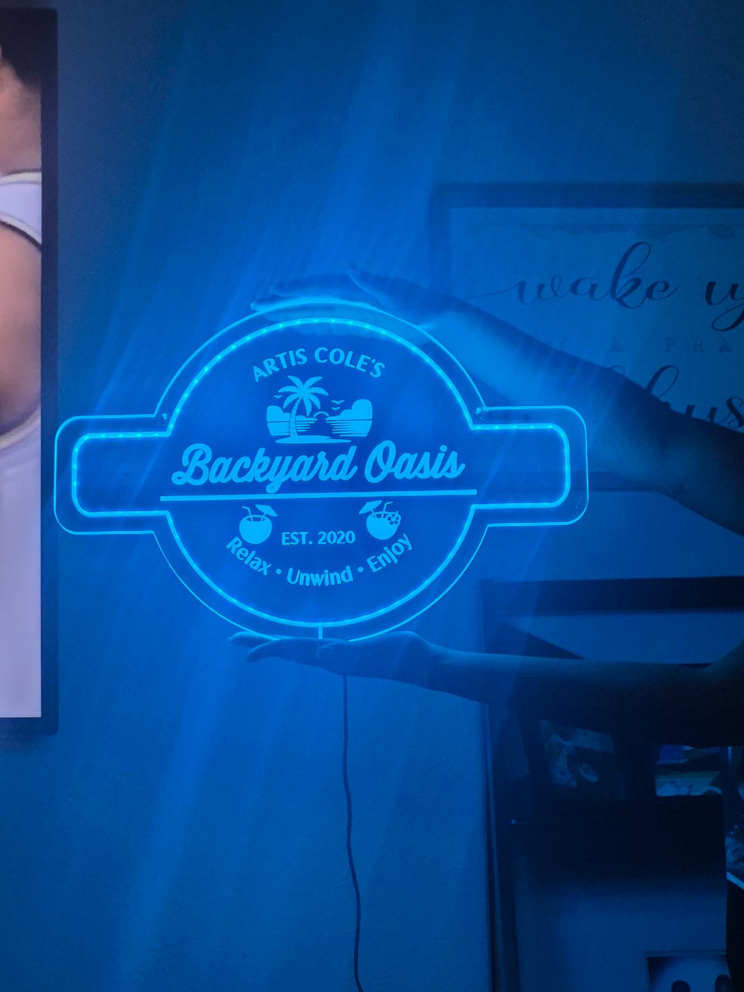 Customer photo review of Personalized LED Color Changing Acrylic Backyard Oasis Sign