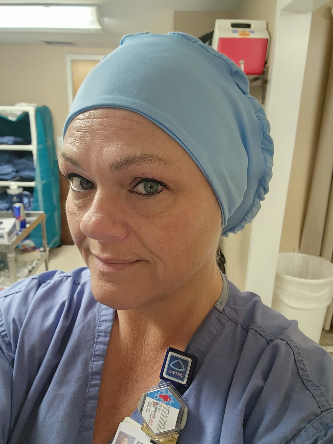 Customer photo review of DuoStyle Scrub Hat - Bright Ceil Blue
