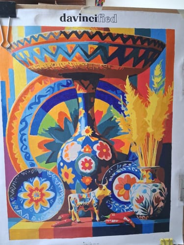 Reviewer's colorful, completed painting from the Mexican Folk Art Collection paint by numbers kit.