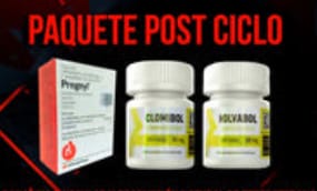 Cliente muestra el Paquete post ciclo, que incluye una caja de Pregnyl y dos botes de Clomibol y Volvadol.