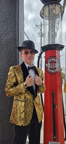 Customer photo review of Men's Black Gold Paisley Suit with Velvet Shawl Lapel