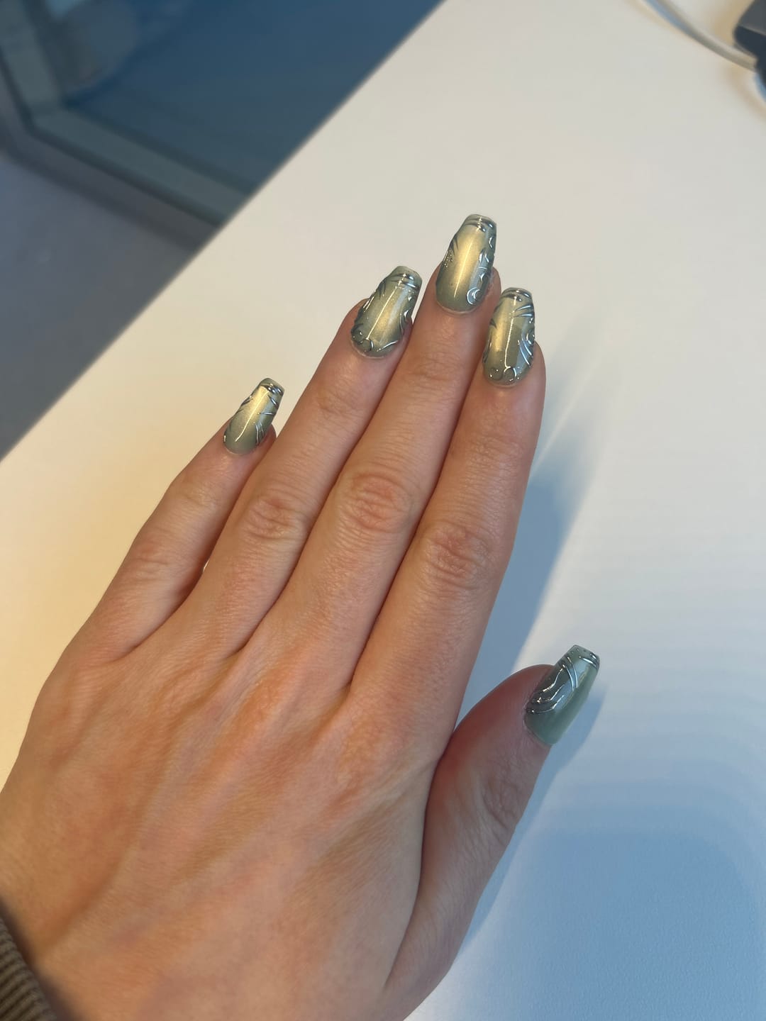 Customer photo review of Verdant Whisper Green Press-On Nails – Sage Green Gothic Fake Nails