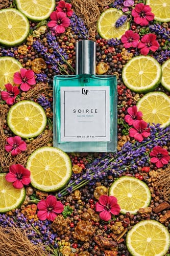 Reviewer's Soiree Eau De Parfum in a vibrant flat lay of its scent notes: lime slices, pepper, and lavender.
