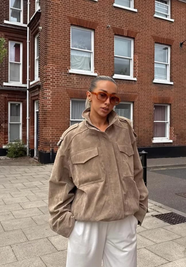Customer photo review of Marianne High Neck Suede Pocket Jacket