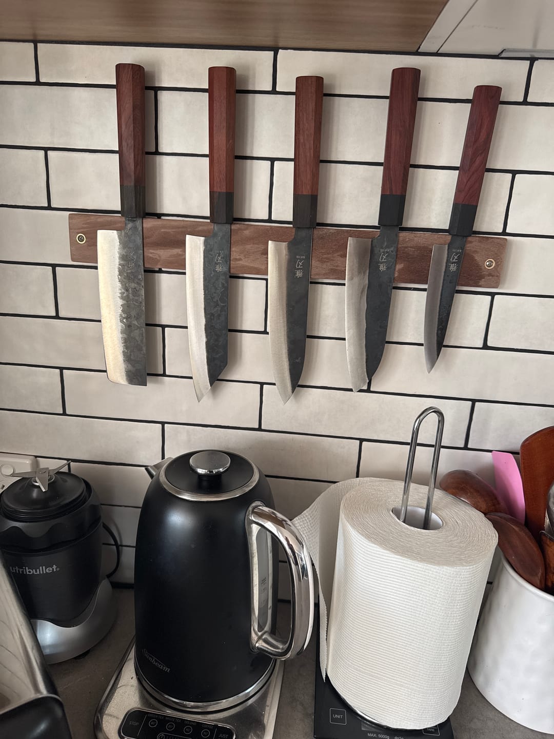 Customer photo review of Master 5‑Piece Collection - Blue Steel Red Ebony Series (Gyuto, Nakiri, Petty, Santoku, Bunka)