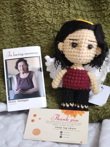 Customer photo review of Dolly® Personalized Crochet Doll with Photo Card