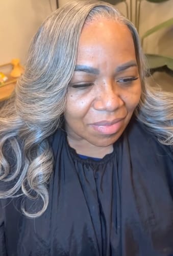 Customer photo review of Luvwin 13x4 Salt And Pepper Wavy Glueless Gray Color Pre-Cut Lace Wig Human Hair
