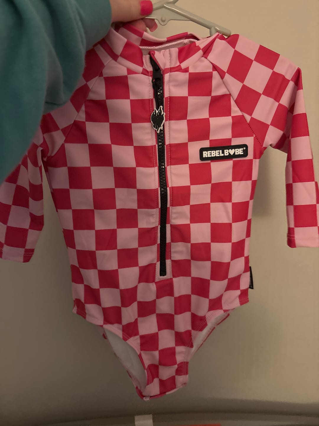 Customer photo review of UPF50+ Girls One Piece Swimsuit in Bubble Gum Checkered
