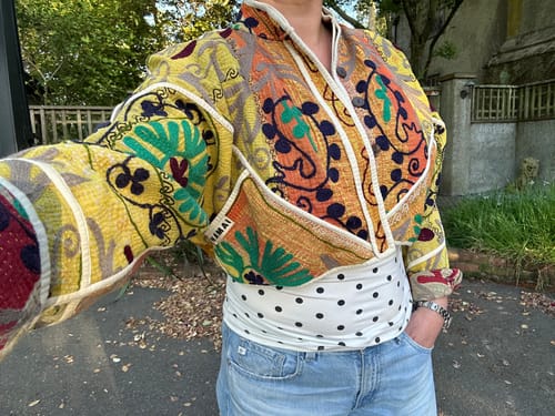 Customer photo review of The Kaira Cropped Suzani Quilted Kantha Jacket