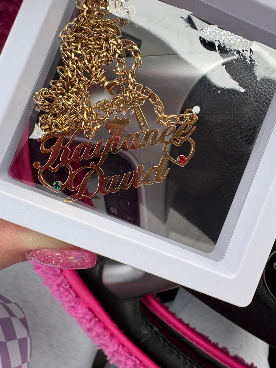 Customer photo review of Double Heart Name Necklace w/ Cuban Chain