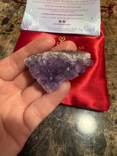 Customer holding a rough purple crystal from the VIP Crystal Club in their palm, with a red pouch in the background.