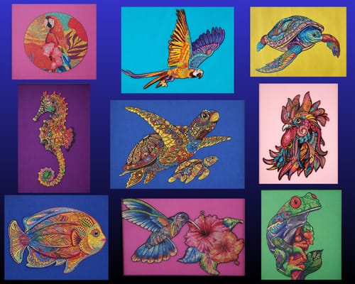 Customer's collection of nine completed Ocean Lab Wooden Puzzles, featuring colorful and artistic animal designs.
