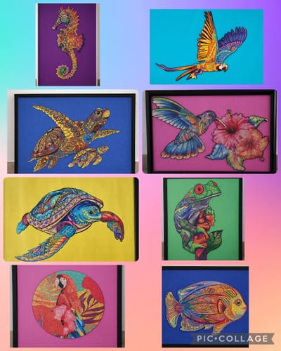 Customer's collage of eight completed Ocean Lab Wooden Puzzles, framed and displayed as colorful animal art.