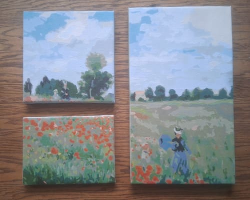 Customer's completed Poppy Field paint by numbers painting, cut and displayed as three separate smaller canvas sections.
