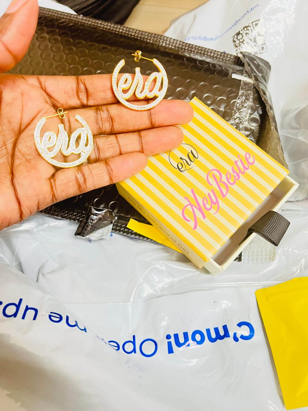 Customer photo review of Gold Luxe Mini Logo Hoops