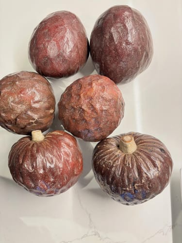 Customer's six ripe, reddish-brown Custard Apples displayed on a white surface.