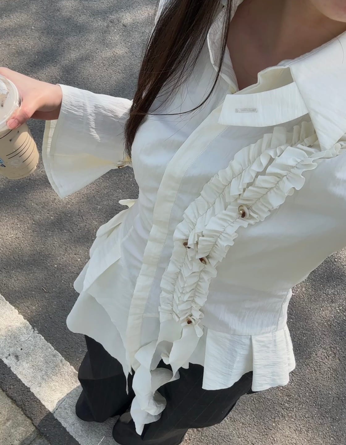 Customer photo review of DOINDULGE Asymmetric Ruched High-Neck Shirt with Sculptural Draped Panels