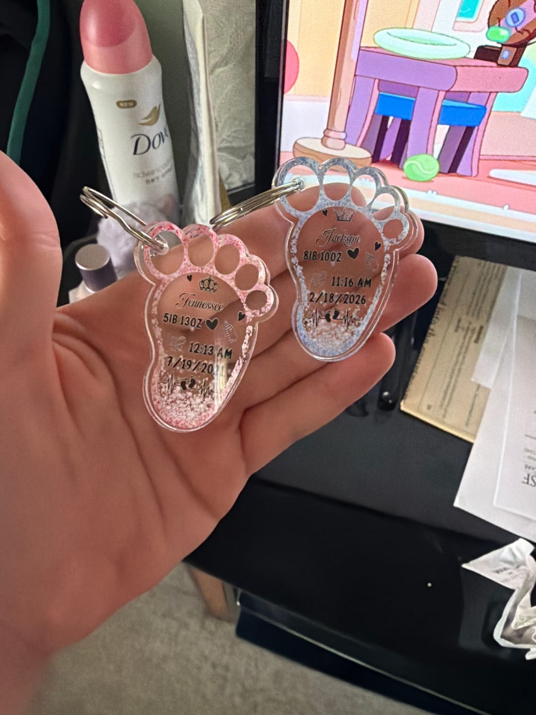Customer photo review of Personalized New Baby Foot Acrylic Keychain