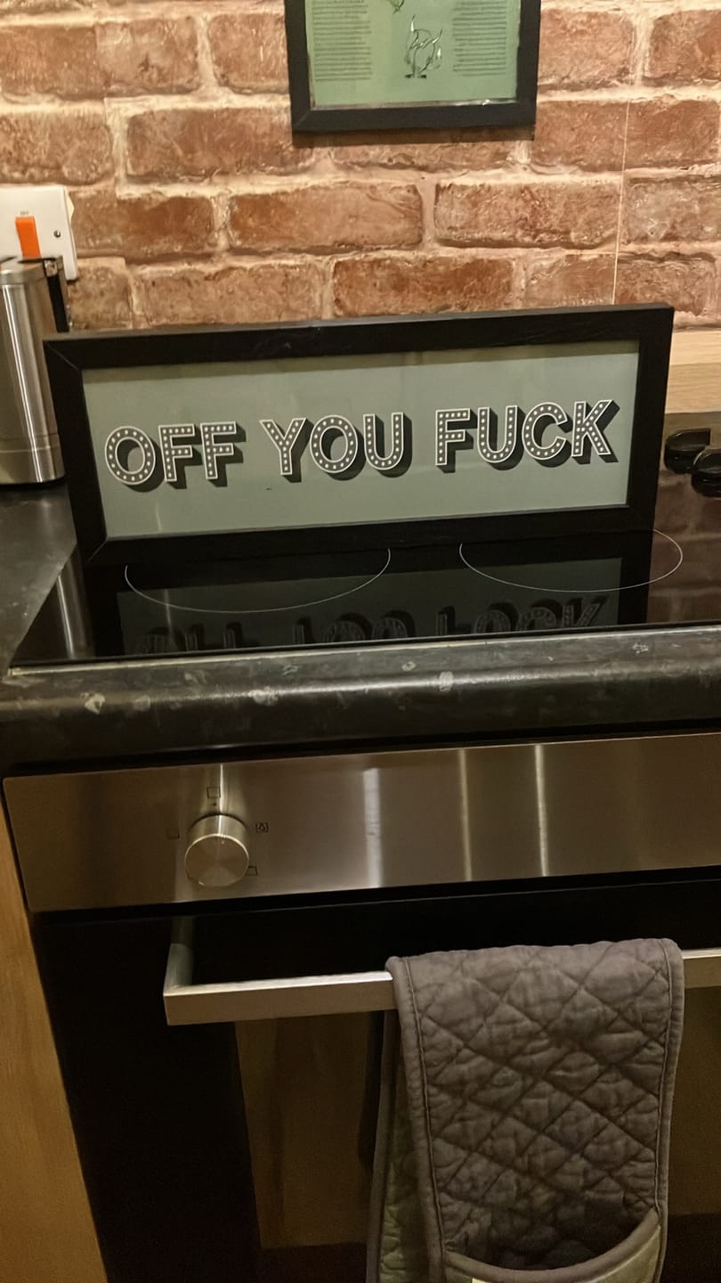 Customer photo review of Off You Fuck Framed Print (New Style)