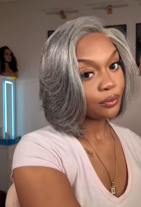 Customer photo review of Luvwin 5x5 Salt And Pepper Glueless Gray Color Pre-Cut Lace Layered Cut Straight Bob Wig 100% Human Hair