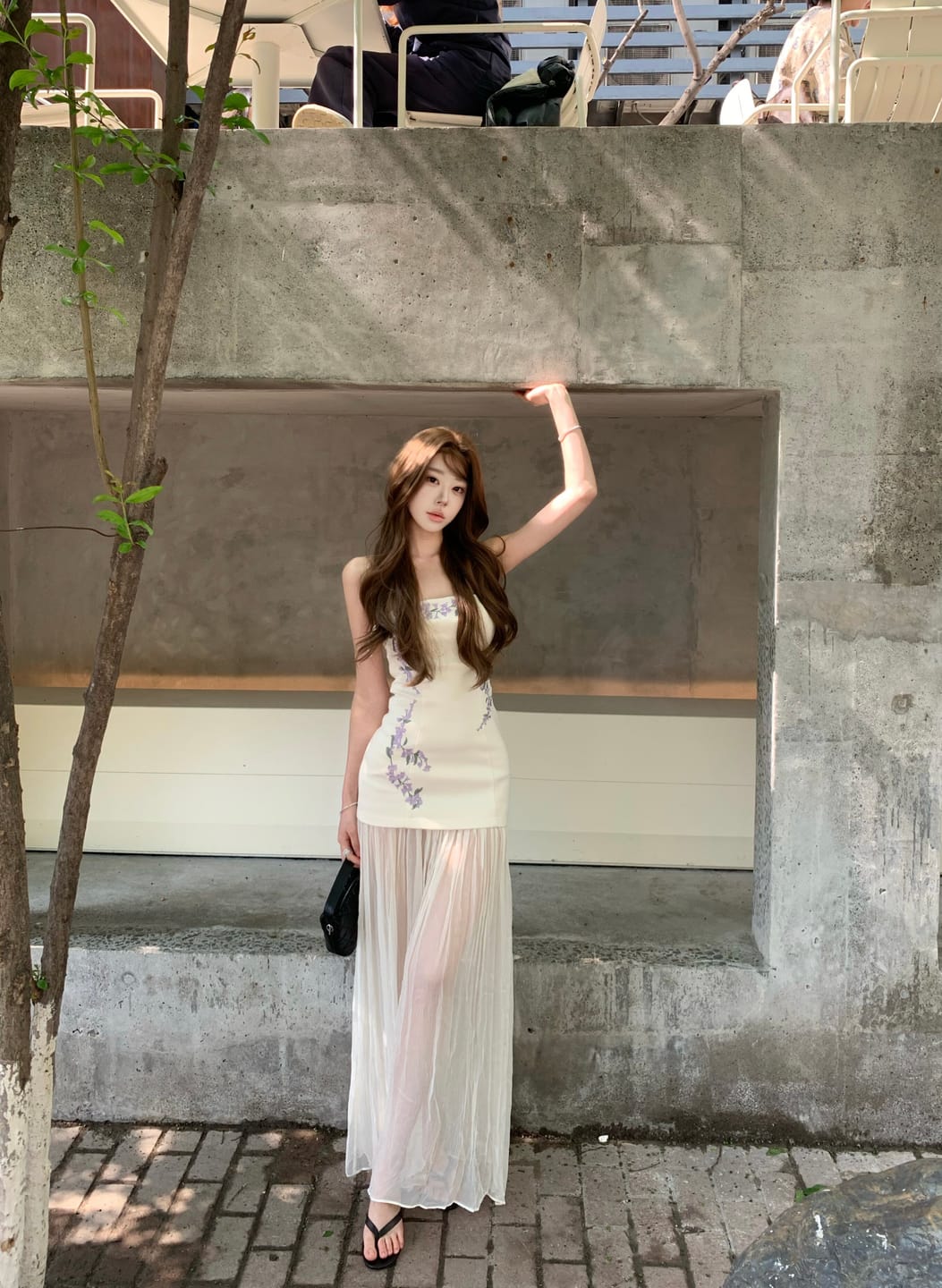 Customer photo review of Hydrae Strapless Embroidered Mesh Panel Maxi Dress