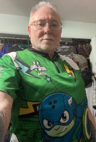 Customer photo review of Maxcorners Bowling Shield Hero Action Cartoon Multicolor Options Personalized Name, Team Name 3D Shirt (4 Colors)