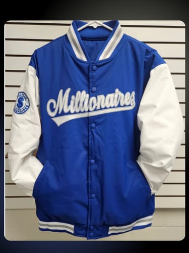 Customer's custom royal blue and white letterman jacket with 'Millionaires' stitched across the chest.