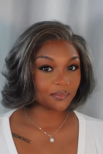 Customer photo review of Luvwin 5x5 Salt And Pepper Glueless Gray Color Pre-Cut Lace Layered Cut Straight Bob Wig 100% Human Hair