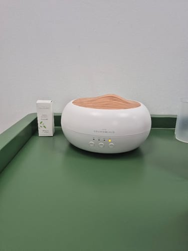 Recensent toont het doosje Fris Briesje etherische olie naast een witte Geurwolkje diffuser op een groene ondergrond.