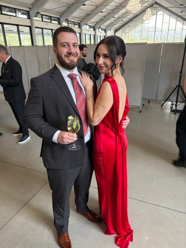 Customer photo review of Callie Satin Gown in Red by Sau Lee - RENTAL