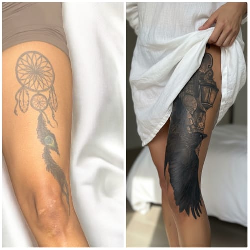 Customer's leg showing a before and after of a large tattoo cover-up using the numbing cream.