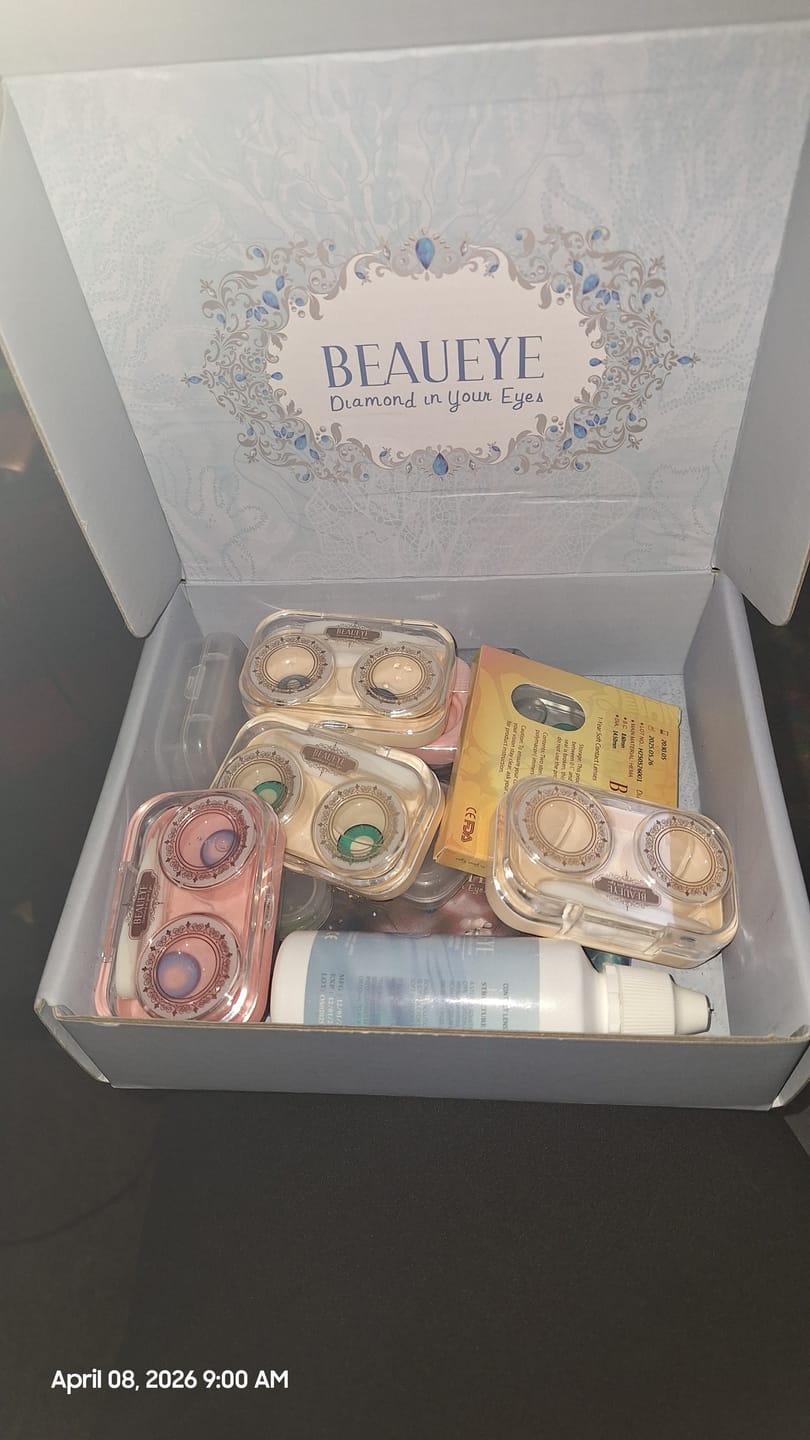 Customer photo review of Amaretto Blue Prescription Colored Contact Lenses