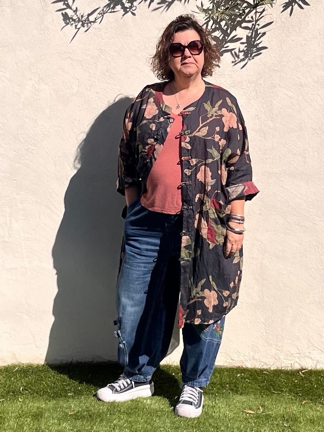 Customer photo review of Plus Size Women Vintage Flower Print Ramie Spring Long Shirt