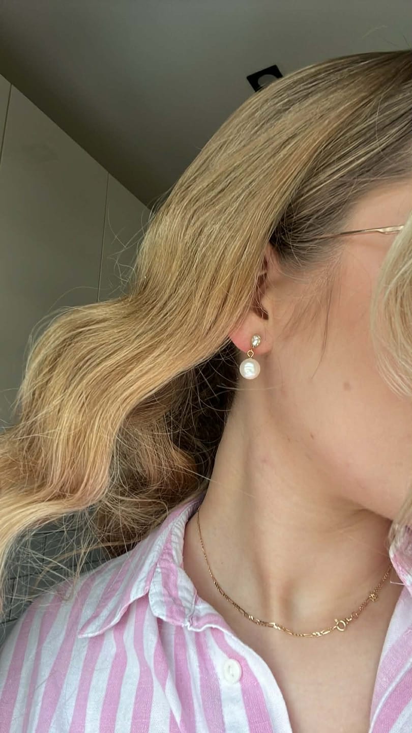 Customer photo review of Pear Pearl Drop Earrings