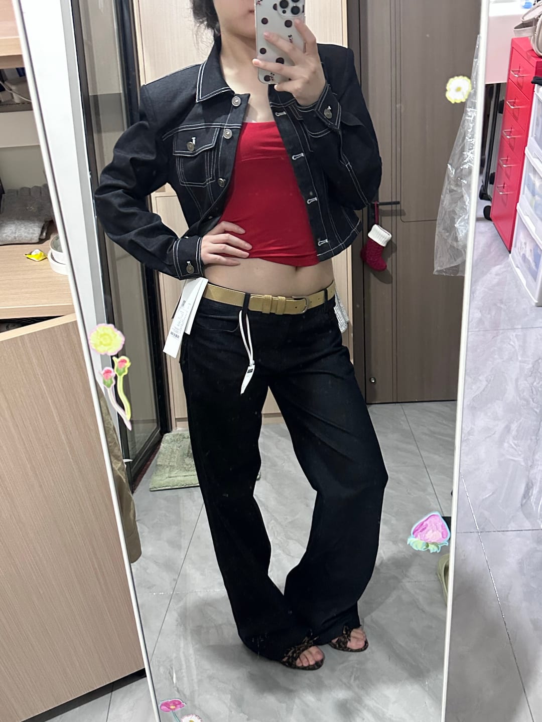 Customer photo review of Hydrae Lace Ruffle Cropped Blouse High Neck Sheer Long Sleeve Top