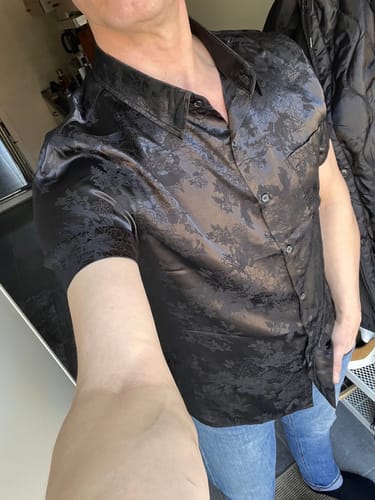 Customer photo review of Men's Casual Jacquard Silky Satin Floral Pocket Short Sleeve Shirt