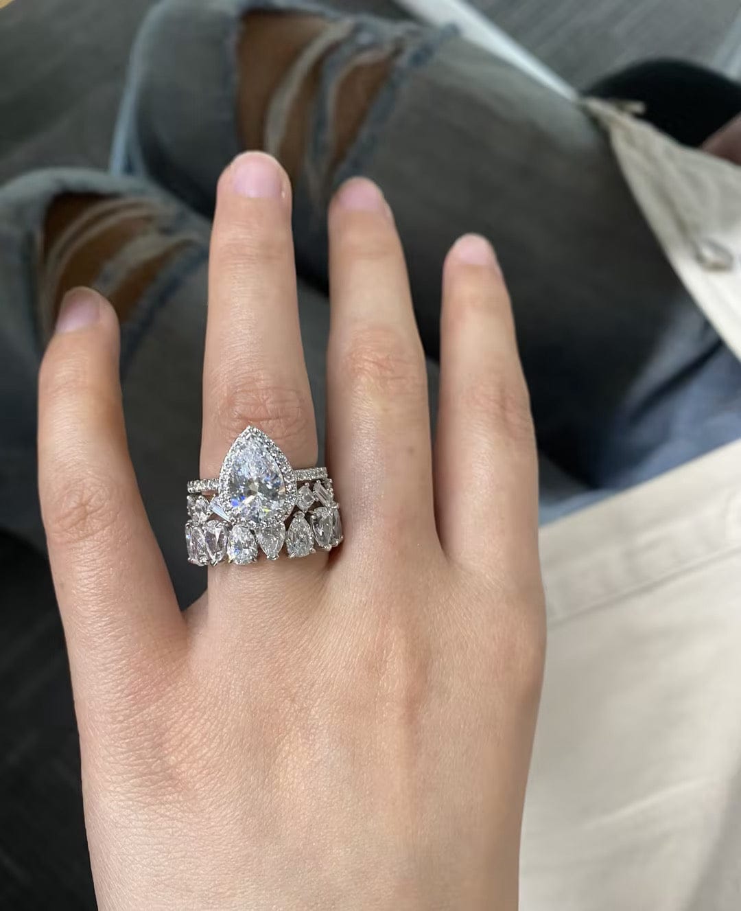 Customer photo review of S925 2.2 Carat Halo Pear Cut Wedding Ring Set With Two Luxurious Wedding Bands For Women