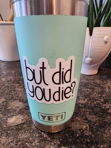 Customer's 'But Did You Die?' sarcasm sticker applied to a light green tumbler on a countertop.