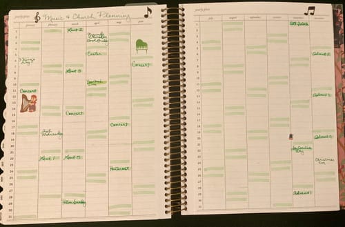 Reviewer's Quarterly Overview Booster Pack used for yearly planning, with handwritten events and green highlighting across two pages.
