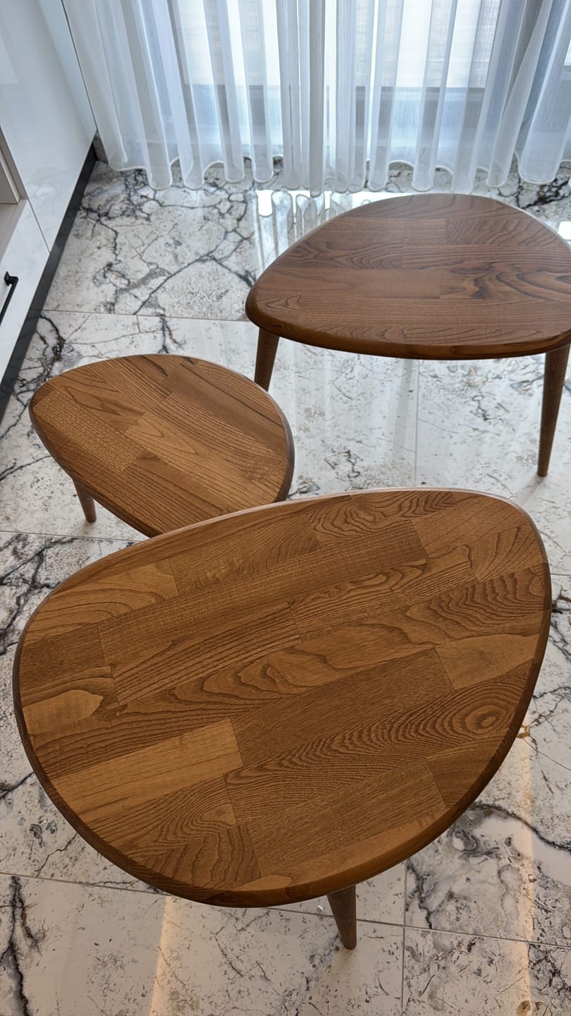 Customer photo review of İndirimli Ürün Ahşap Zigon Sehpa 3'lü Set - Doğal Masif Kestane Ağacı Naturel Koyu Renk