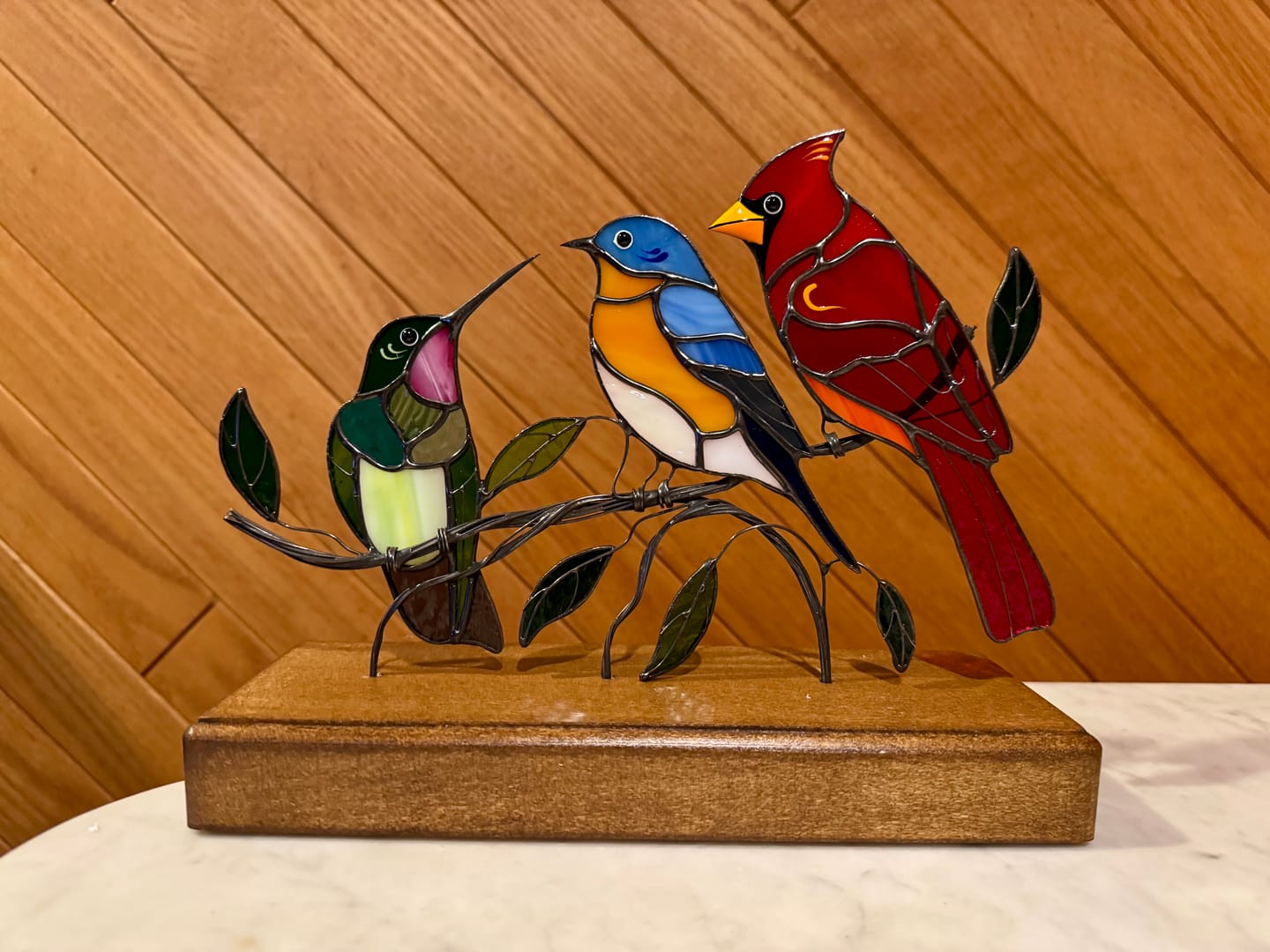 Customer photo review of Three birds on a wooden base - Stained Glass Panel