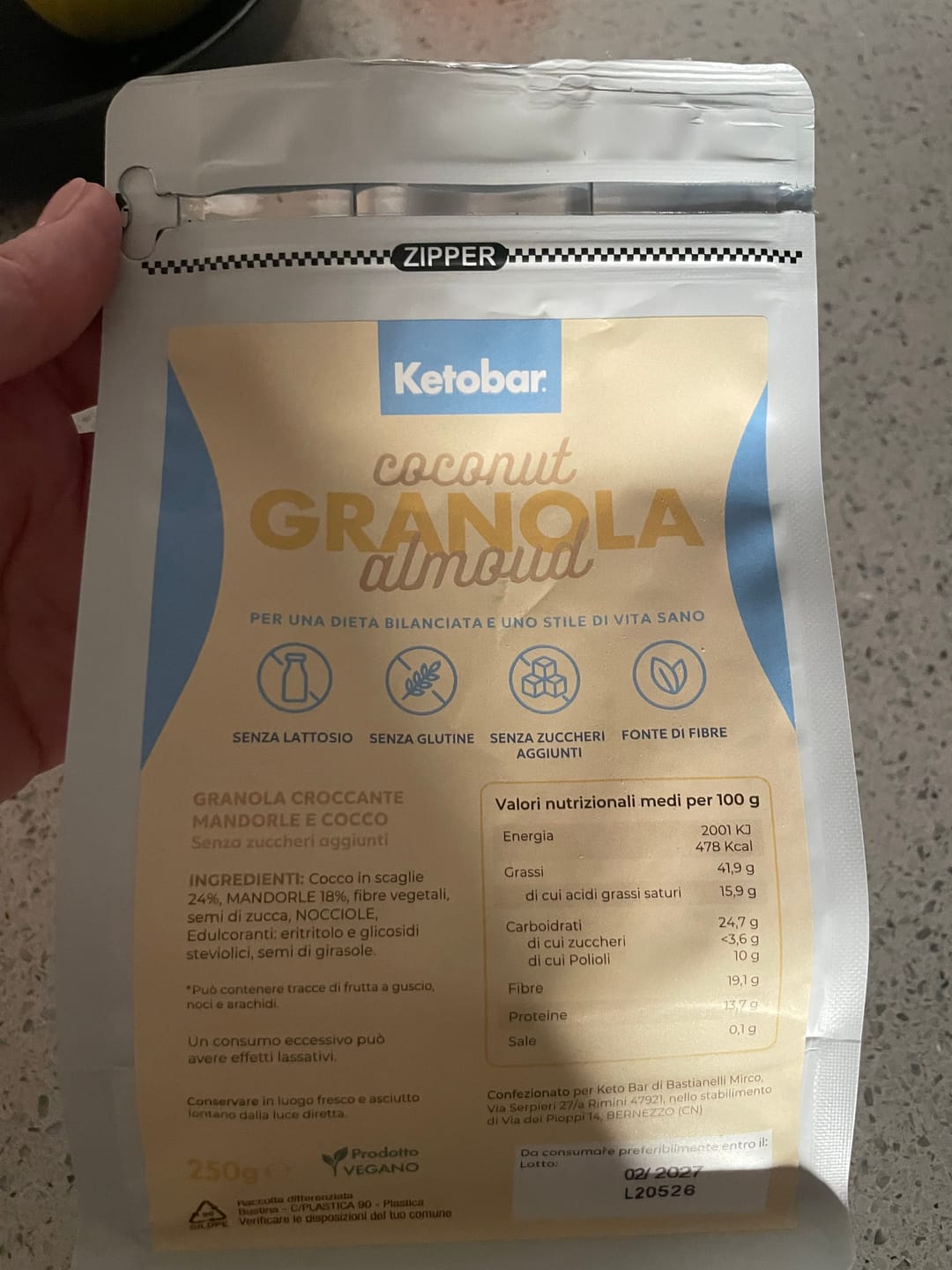 Customer photo review of Keto Granola nocciola e cacao 250g