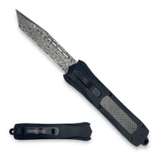Customer's Black Zedd D/A OTF knife with its patterned Damascus steel blade extended, displayed with its sheath.