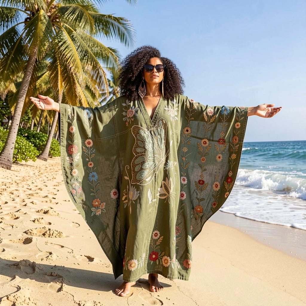 Customer photo review of Elegant Butterfly Flowers Print V-neck Long Kaftan Dress