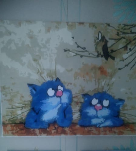 Customer's finished Two Blue Cats paint by numbers artwork, showing two fluffy blue cats looking up at a bird on a branch.