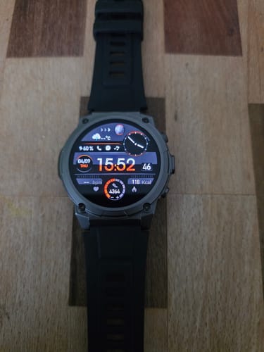 Customer's rugged Gard Pro Ultra 3 watch with a black band, displaying a detailed digital face with fitness metrics.