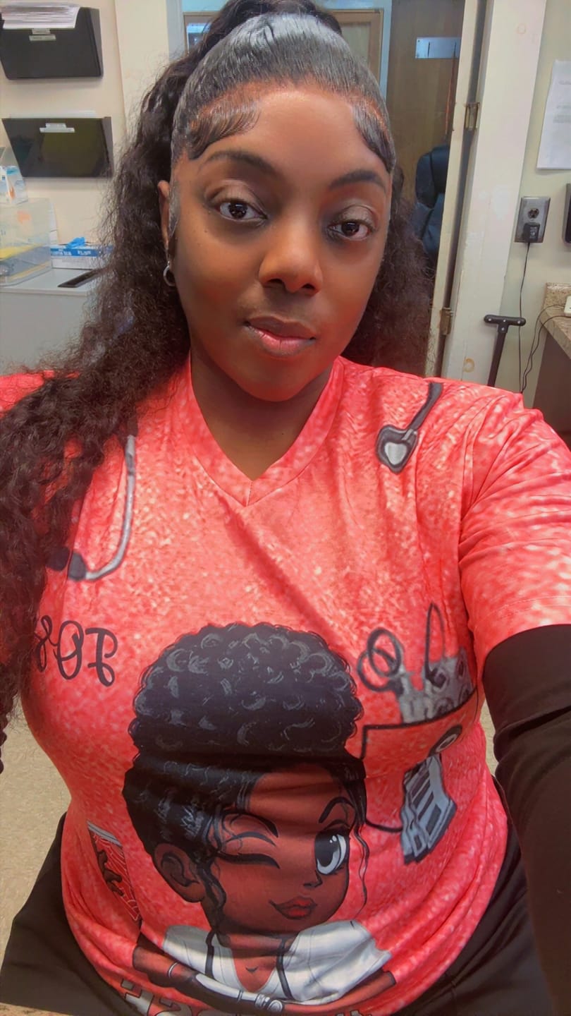 Customer photo review of Pretty Doll Nurse Scrub CNA RN Healthcare Worker Personalized V-neck 3D T-shirt