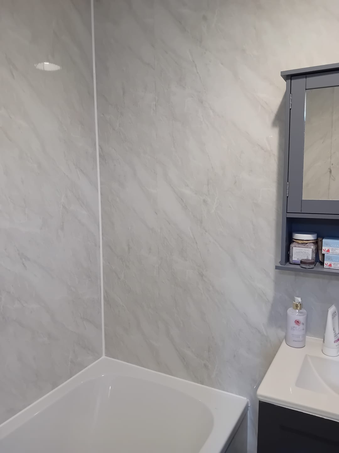 Customer photo review of 10mm Storm Grey Marble Gloss Shower Panel 1M x 2.4M