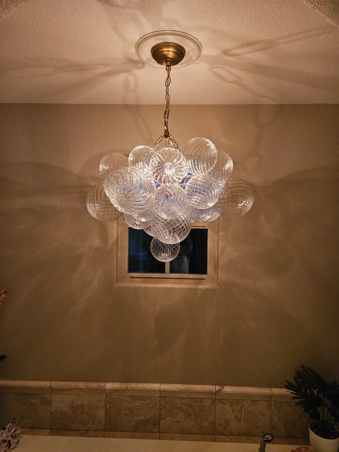 Customer photo review of Brass Cluster Ribbed Glass Globe Bubble Chandelier