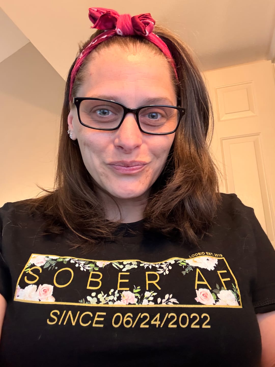 Customer photo review of Sober T Shirt | Women’s Sober AF Tee with Custom Sobriety Date